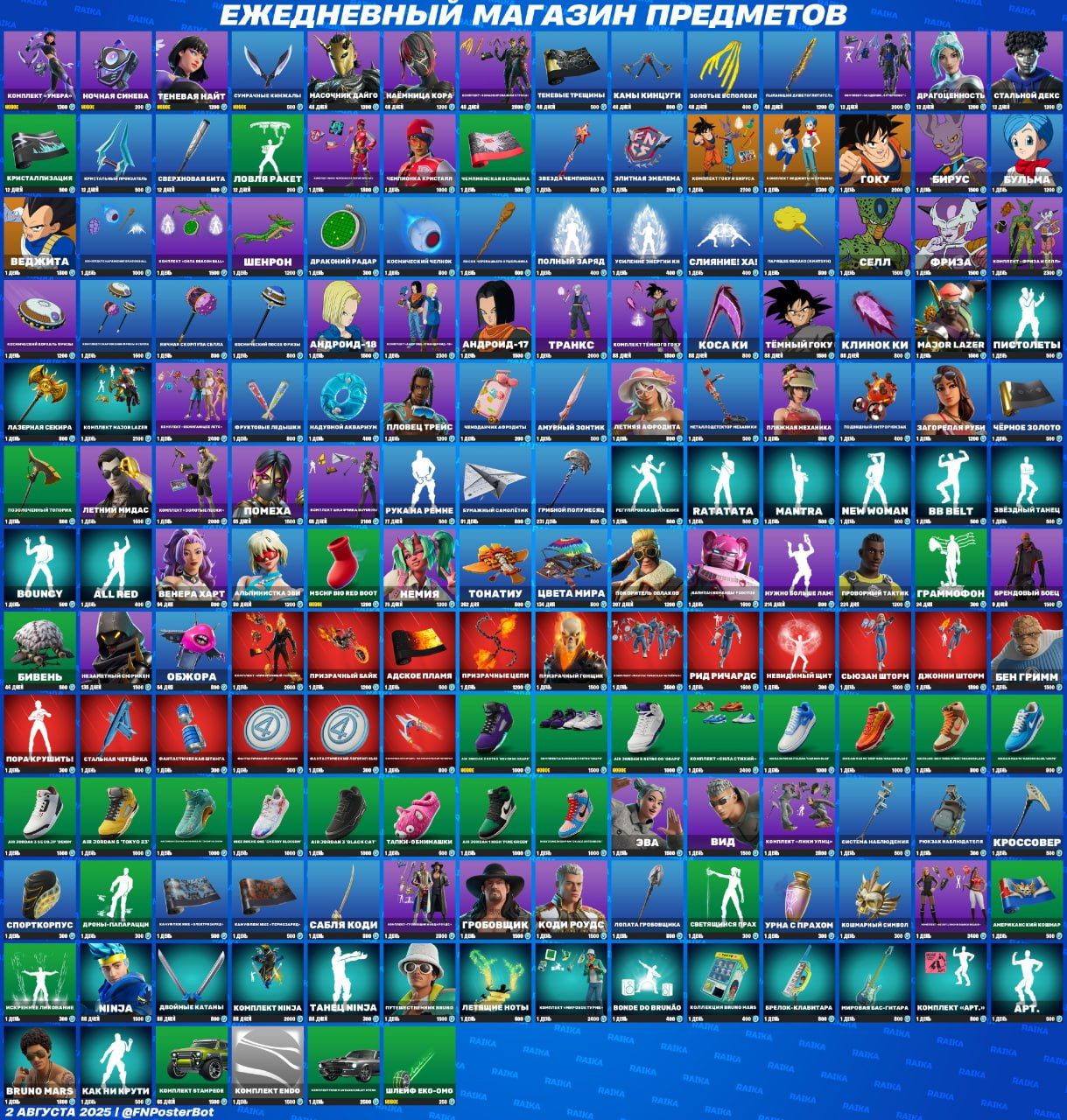 Новые скины и предметы в магазине Fortnite: обновление от 2 августа 2025 года