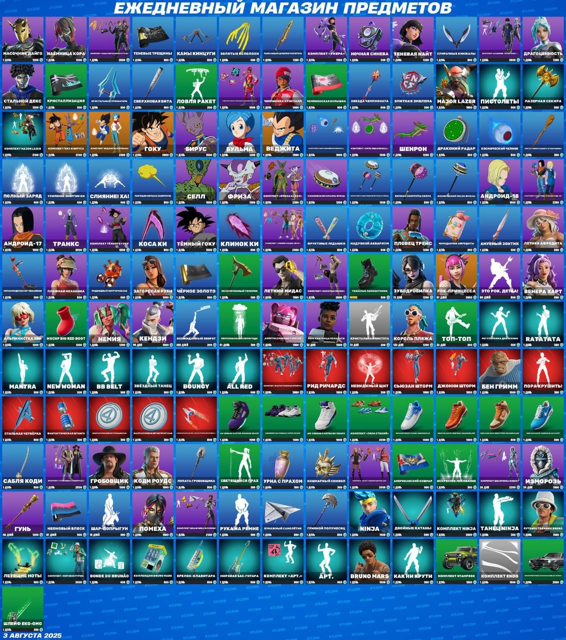 Новые скины и предметы в магазине Fortnite: обновление от 3 августа 2025 года