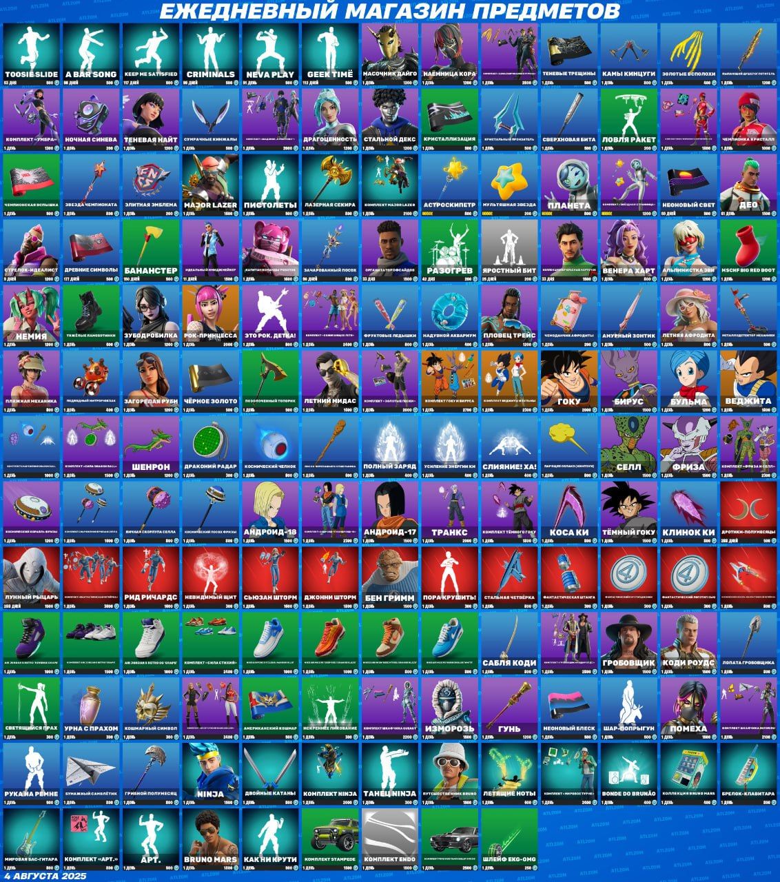 Новые скины и предметы в магазине Fortnite: обновление от 4 августа 2025 года