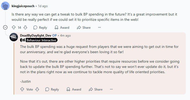 Разработчики Dead by Daylight не планируют обновление механики траты очков крови в ближайшем будущем