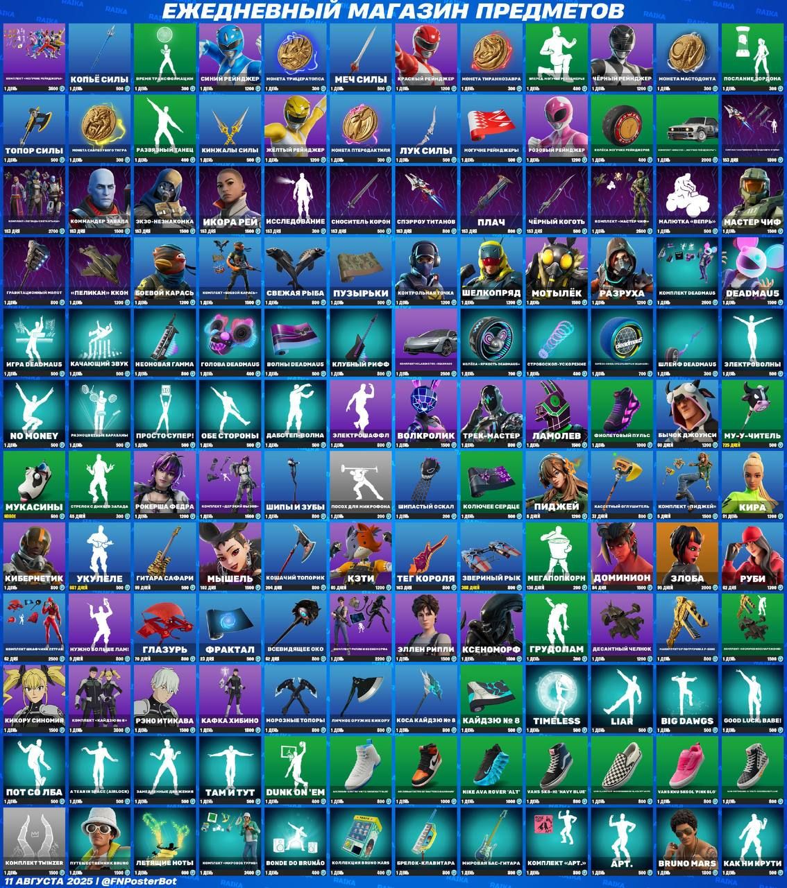 Новые скины и предметы в магазине Fortnite: обновление от 11 августа 2025 года