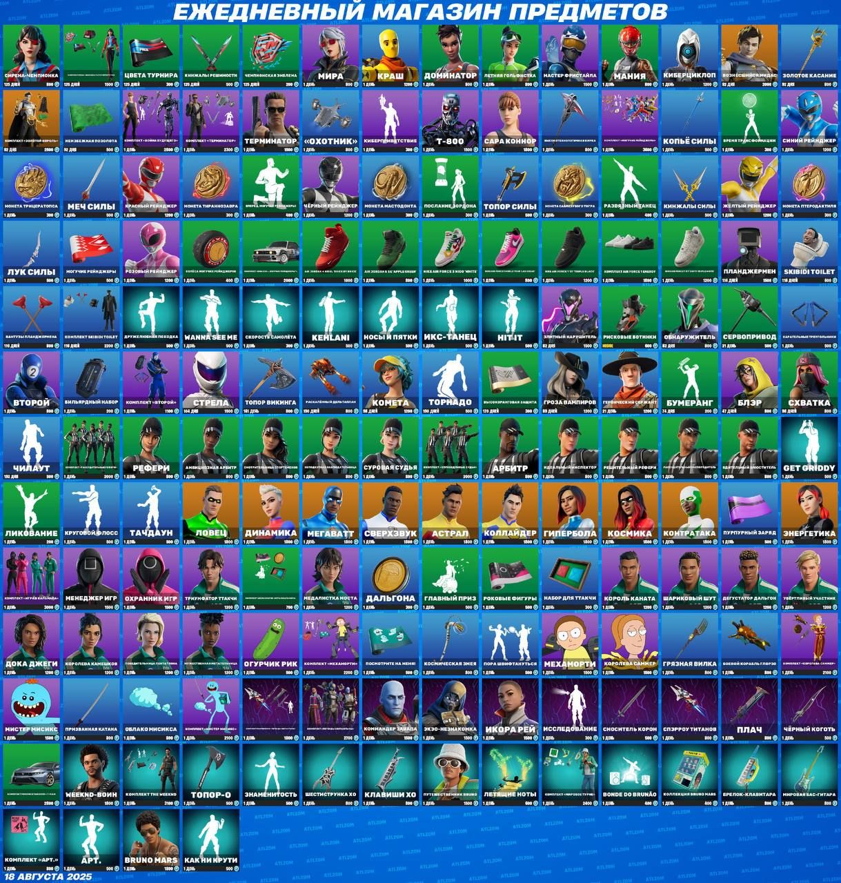 Новые скины и предметы в магазине Fortnite: обновление от 18 августа 2025 года