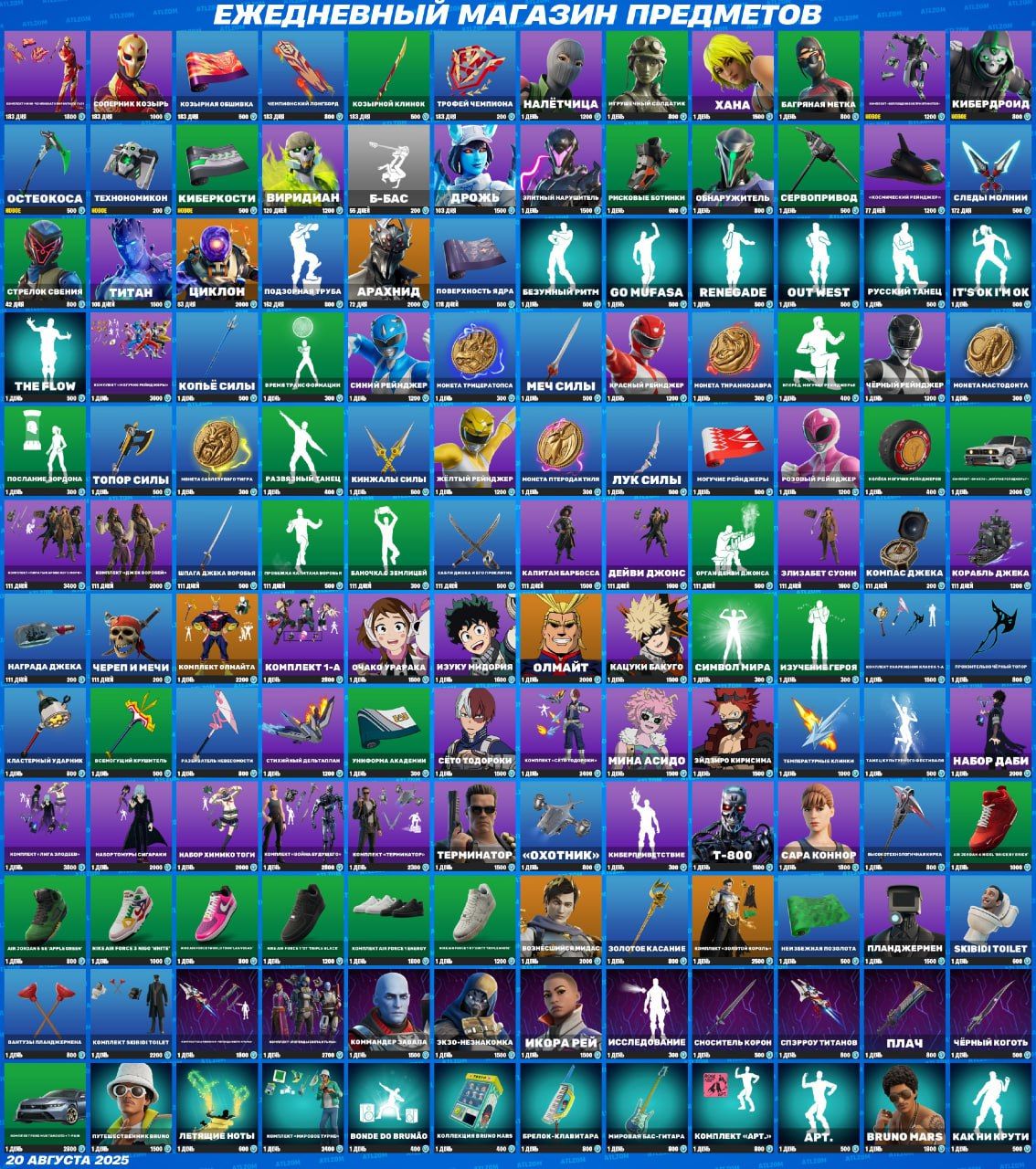 Новые скины и предметы в магазине Fortnite: обновление от 20 августа 2025 года