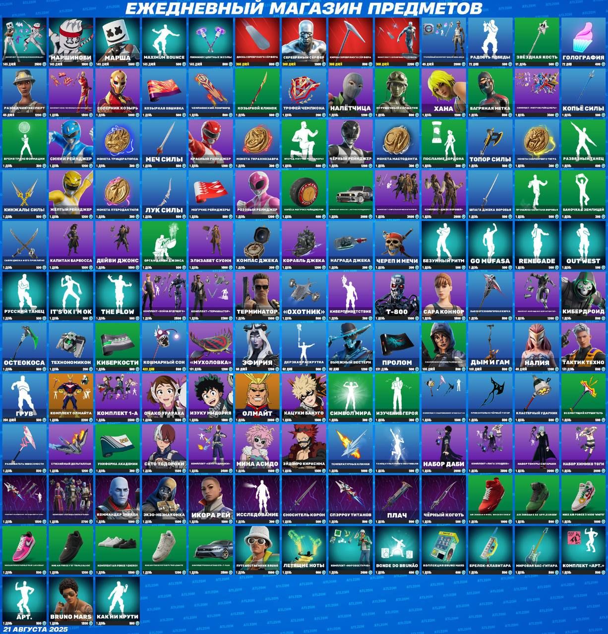 Новые скины и предметы в магазине Fortnite: обновление от 21 августа 2025 года