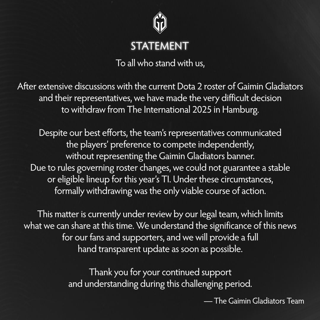 Gladiators снялись с The International 2025 из-за конфликта с игроками