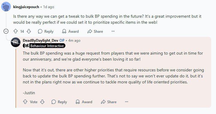 Разработчики Dead by Daylight не планируют обновлять механику траты очков крови оптом в ближайшем будущем