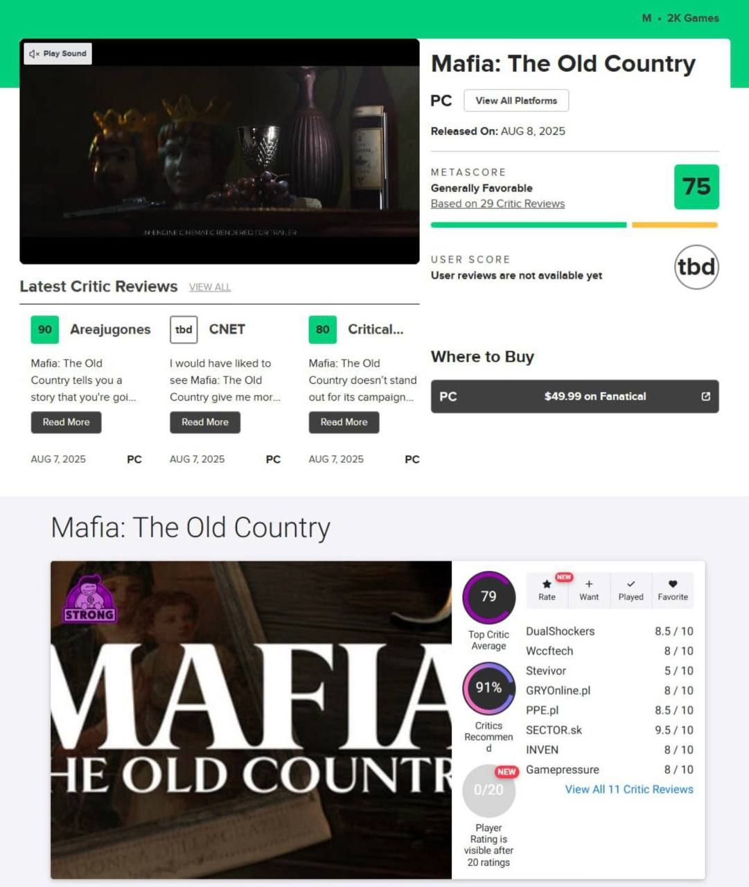 Mafia: The Old Country получила высокие оценки от критиков