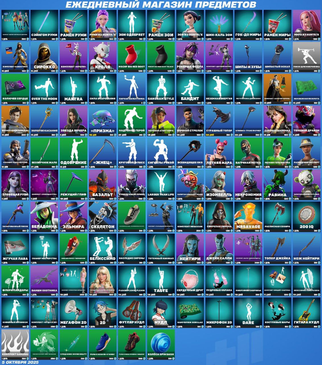 Обновление магазина Fortnite: новые скины и предметы 5 октября 2025 года